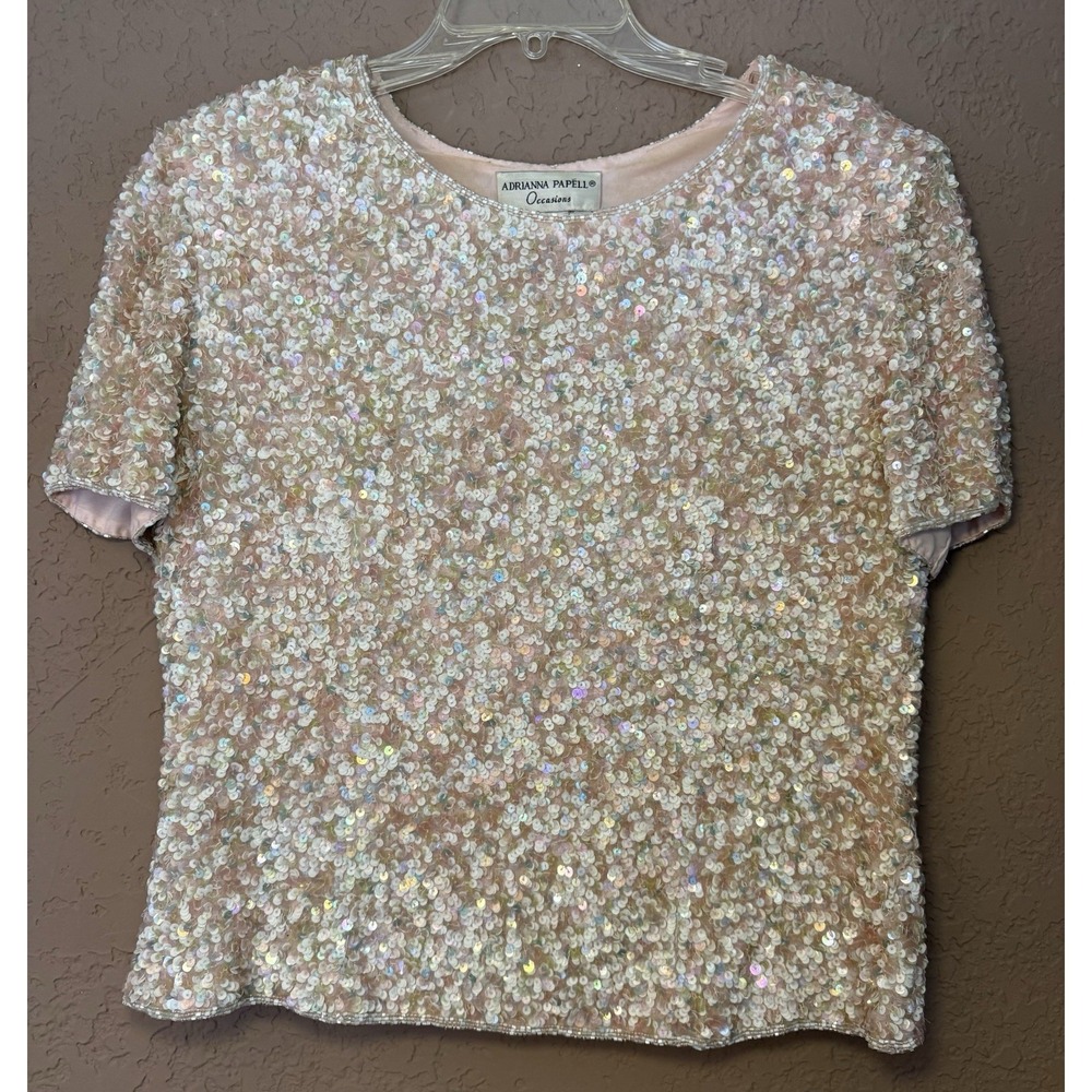 Adrianna Papell Silk VTG Sequin Beaded Lined Formal Glam Blouse Top Back Zip 14